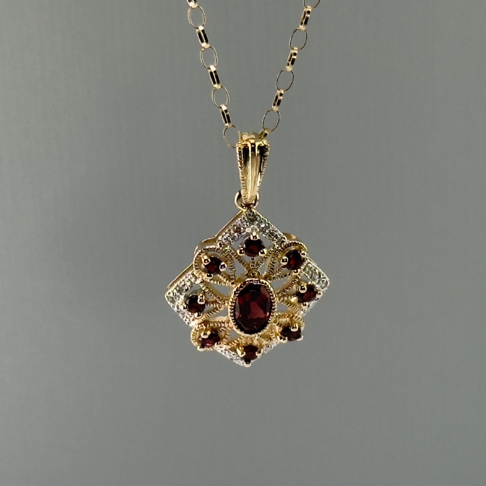 9ct Gold Art Deco Garnet & Diamond Pendant Necklace View IX