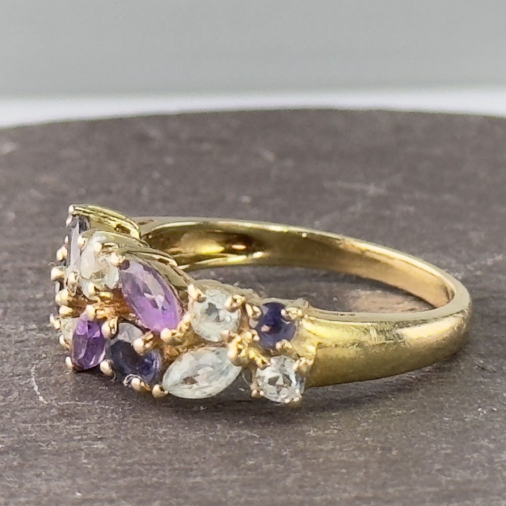 9ct Gold Amethyst, Blue Topaz & Tanzanite Cluster Ring