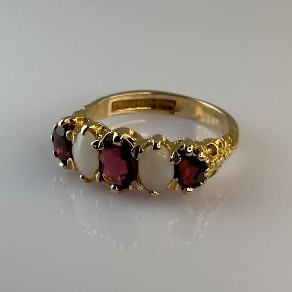 Antique 9ct Gold Opal & Garnet Five Stone Ring View II