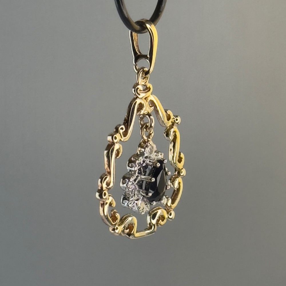 9ct Gold Pear Cut Sapphire & Diamond Drop Pendant View III