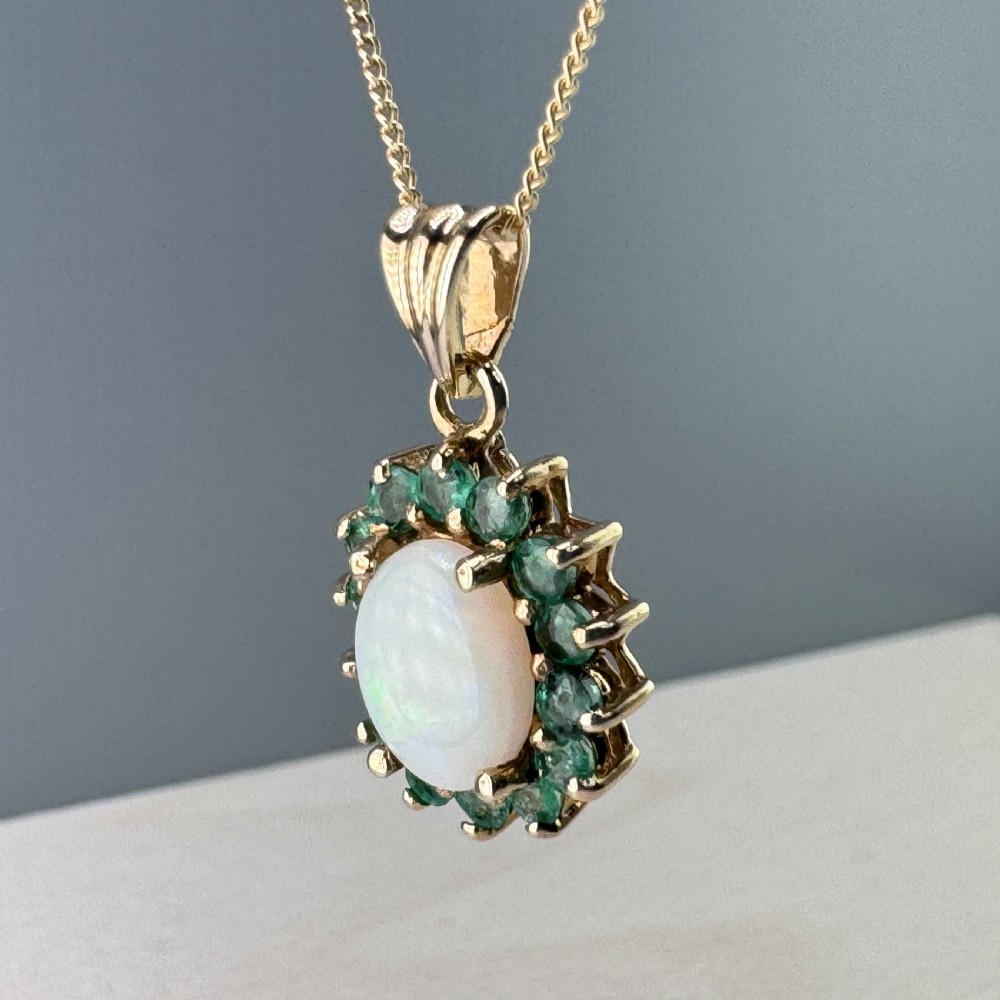 9ct Gold Opal & Emerald Cluster Pendant Necklace View III