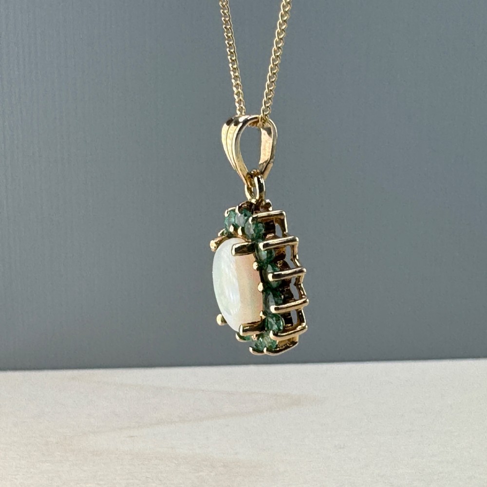 9ct Gold Opal & Emerald Cluster Pendant Necklace View IV