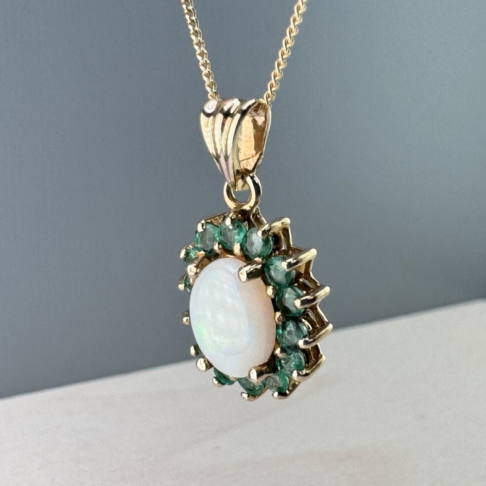 9ct Gold Opal & Emerald Cluster Pendant Necklace View VI