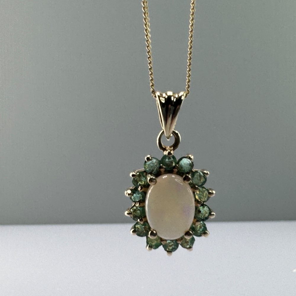 9ct Gold Opal & Emerald Cluster Pendant Necklace View VII