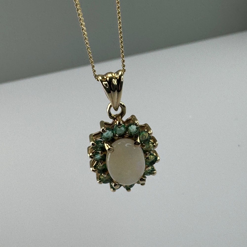 9ct Gold Opal & Emerald Cluster Pendant Necklace View VIII