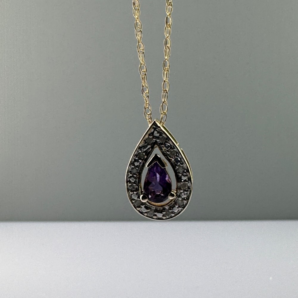 9ct Gold Pear Cut Amethyst & Diamond Cluster Pendant Necklace View II