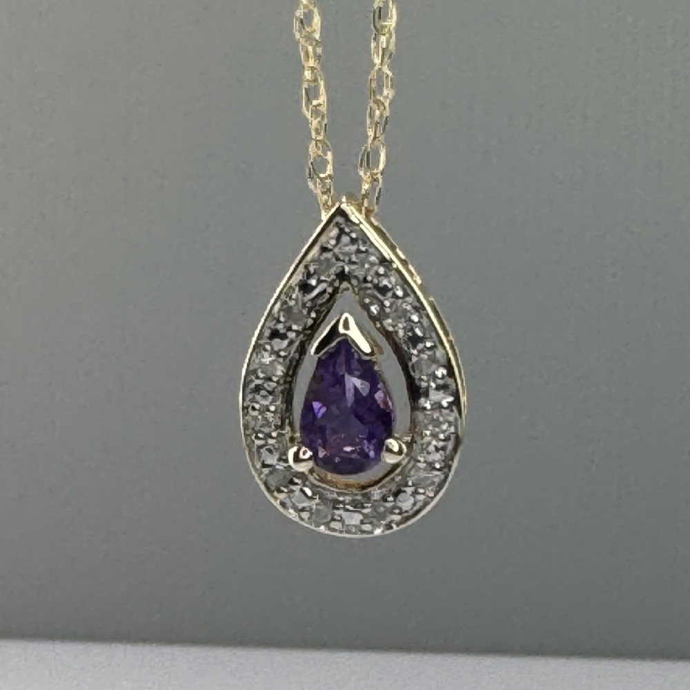 9ct Gold Pear Cut Amethyst & Diamond Cluster Pendant Necklace