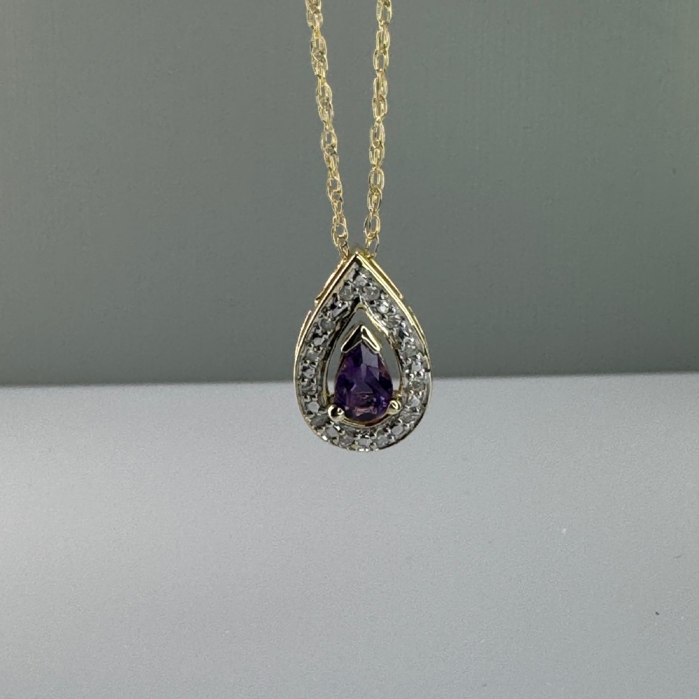 9ct Gold Pear Cut Amethyst & Diamond Cluster Pendant Necklace View III