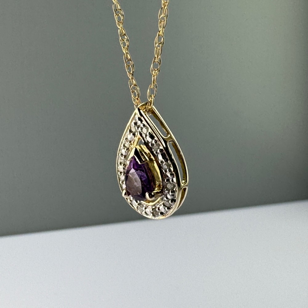 9ct Gold Pear Cut Amethyst & Diamond Cluster Pendant Necklace View V