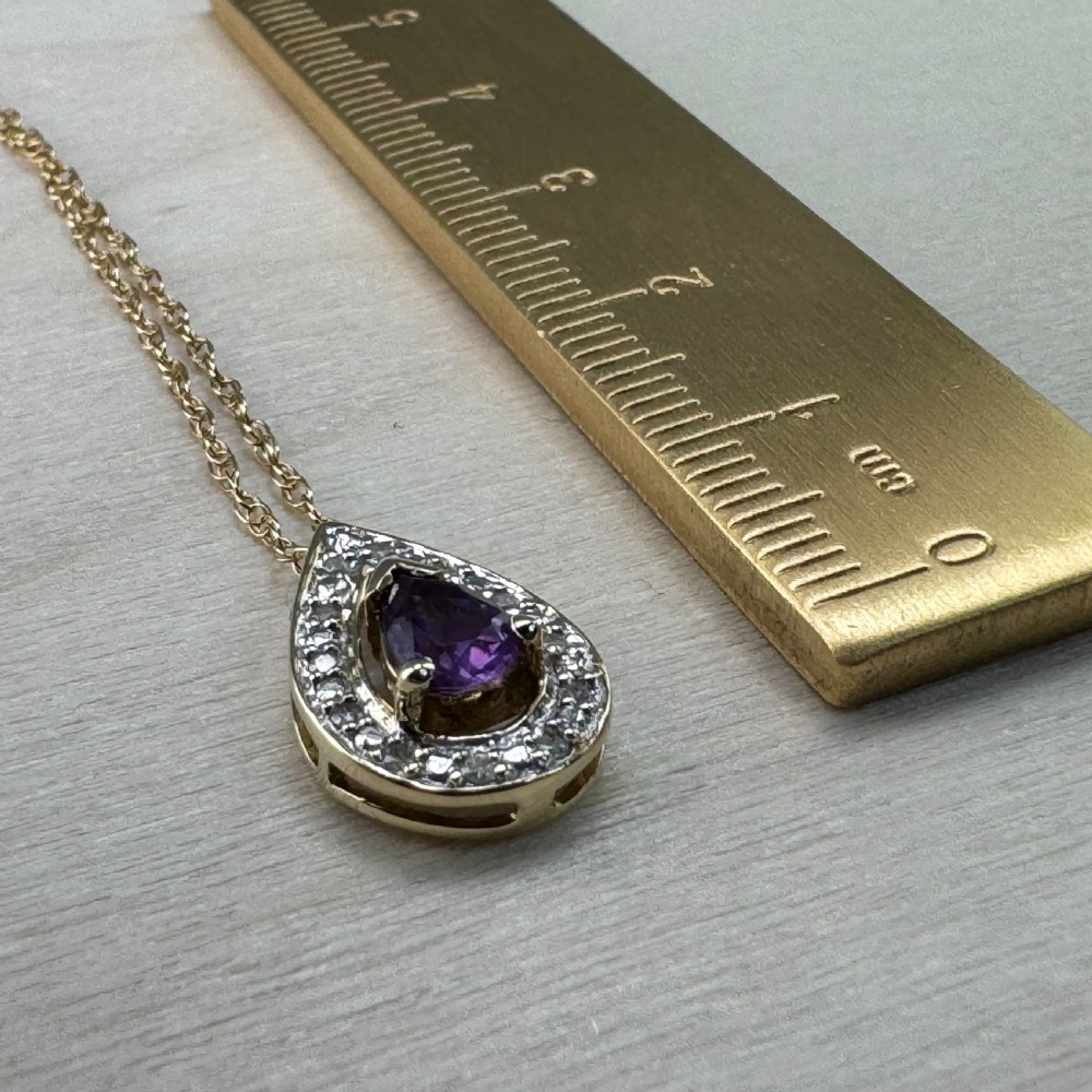 9ct Gold Pear Cut Amethyst & Diamond Cluster Pendant Necklace View IX