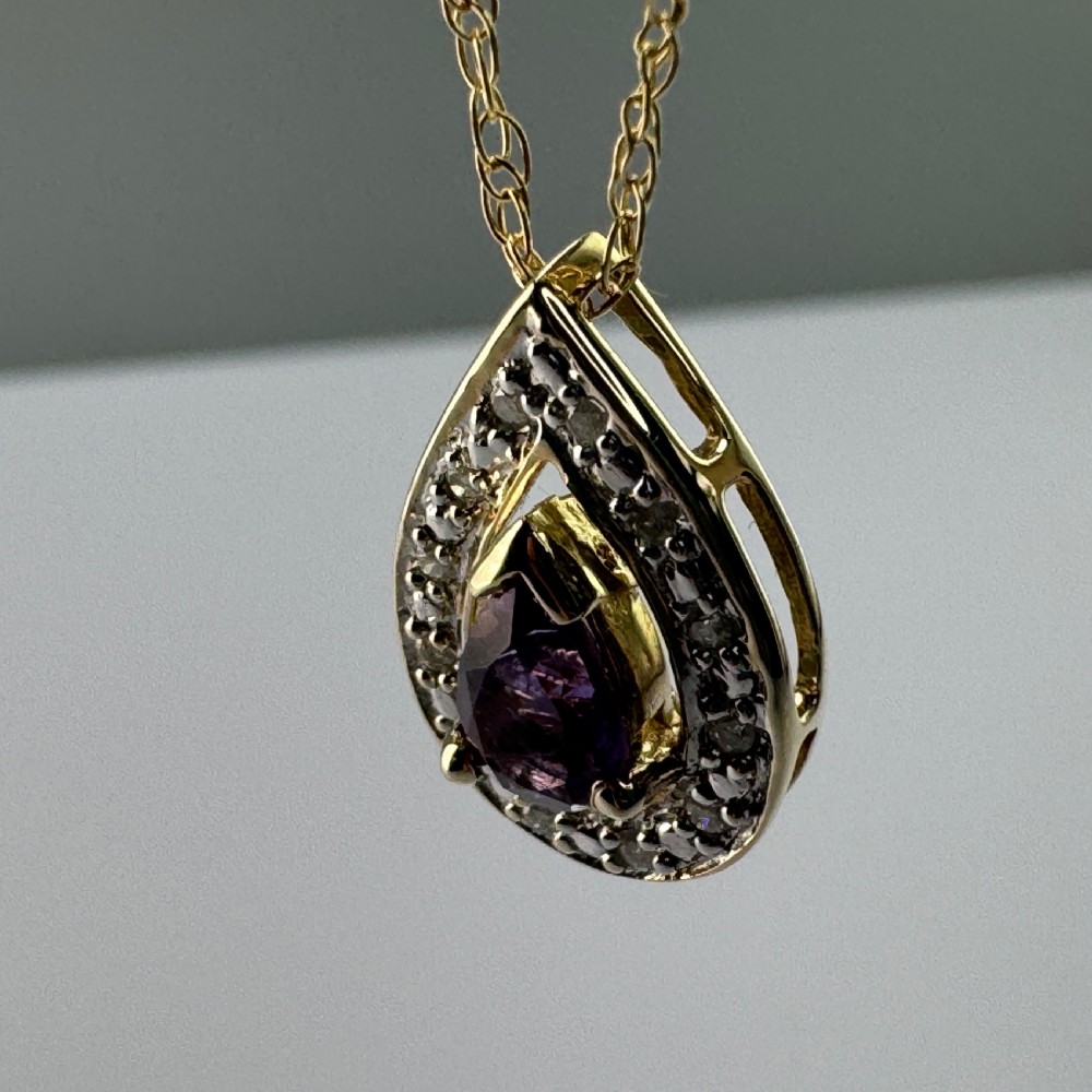 9ct Gold Pear Cut Amethyst & Diamond Cluster Pendant Necklace View X