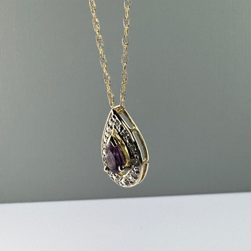 9ct Gold Pear Cut Amethyst & Diamond Cluster Pendant Necklace View XI