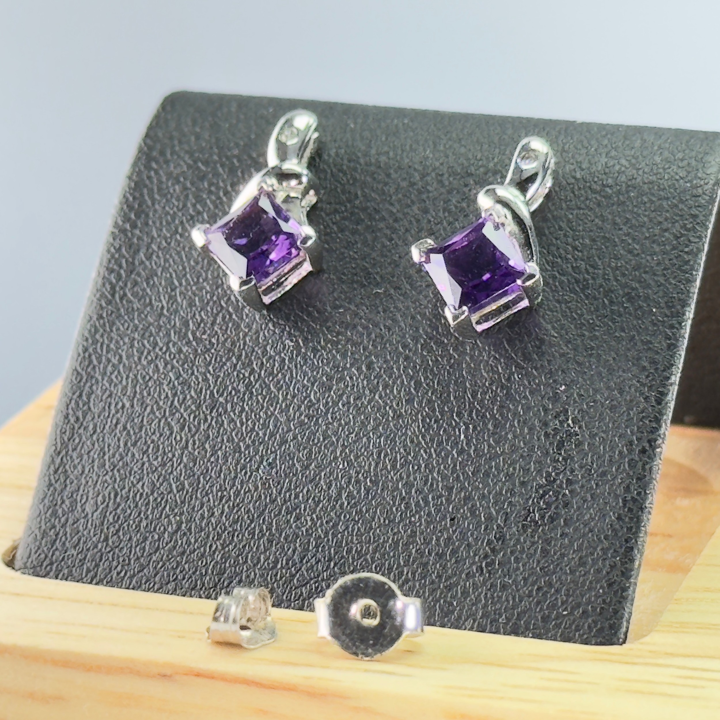 10ct White Gold Princess Cut Amethyst & Diamond Stud Earrings
