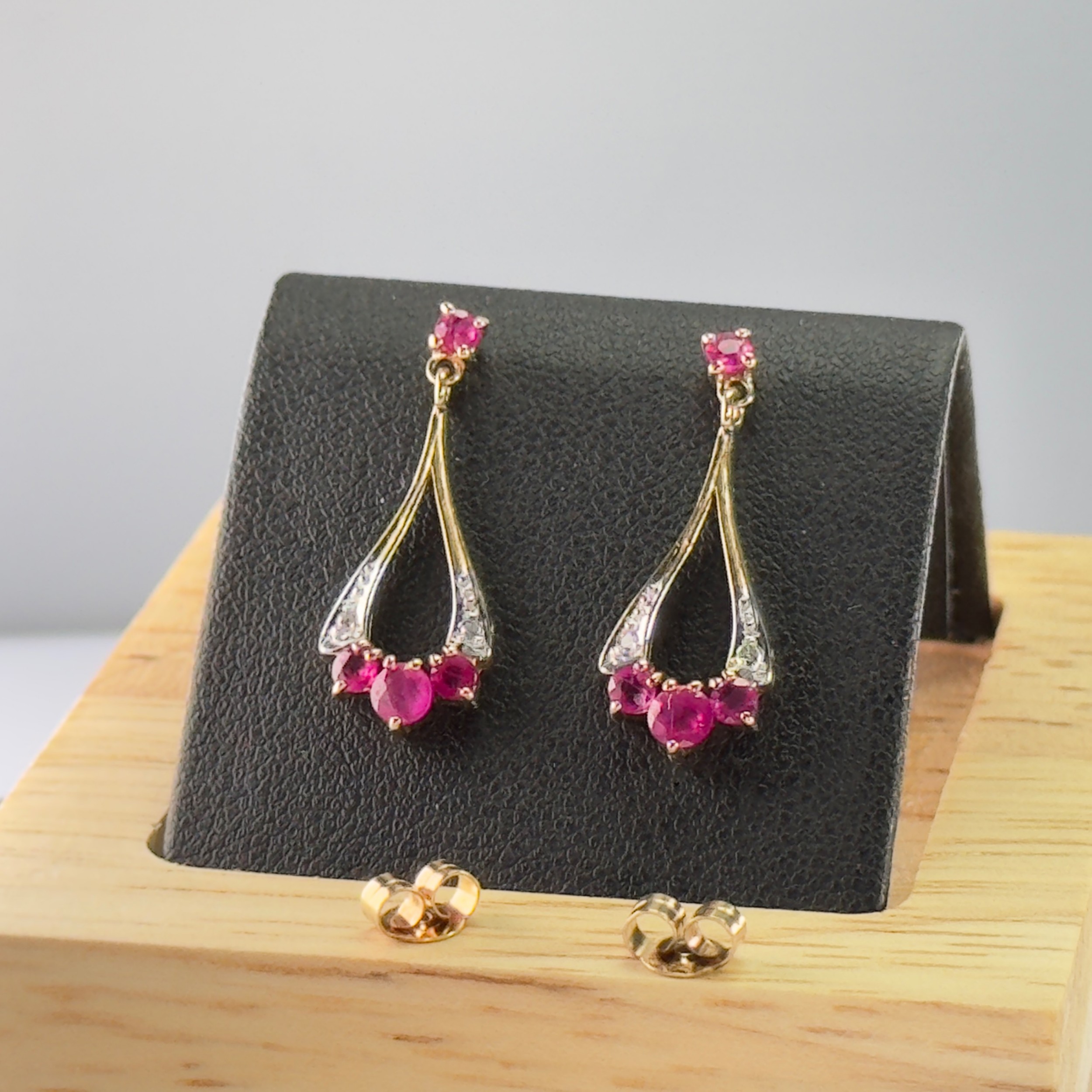 9ct Gold Ruby & Diamond Drop Earrings
