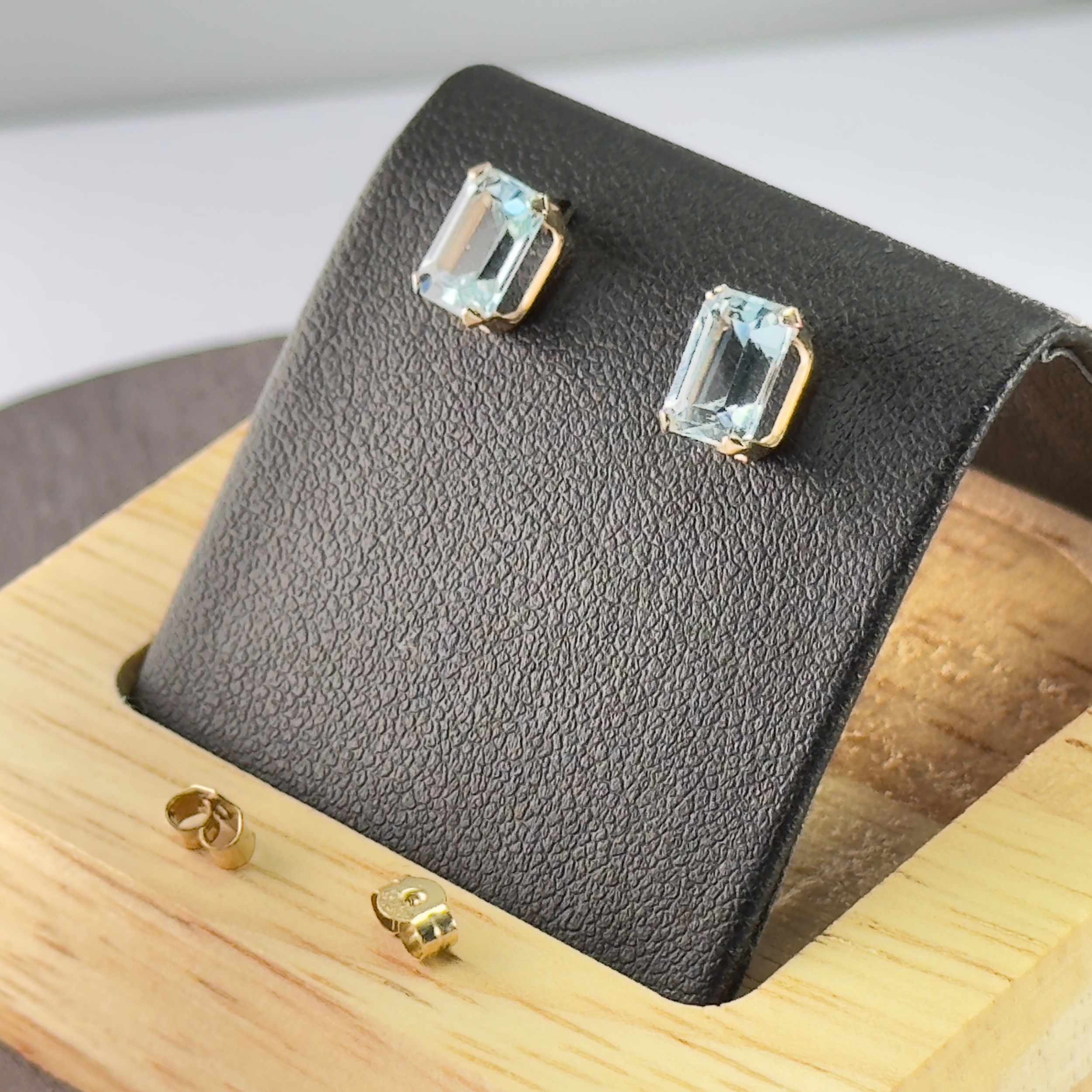 9ct Gold Emerald Cut Blue Topaz Stud Earrings