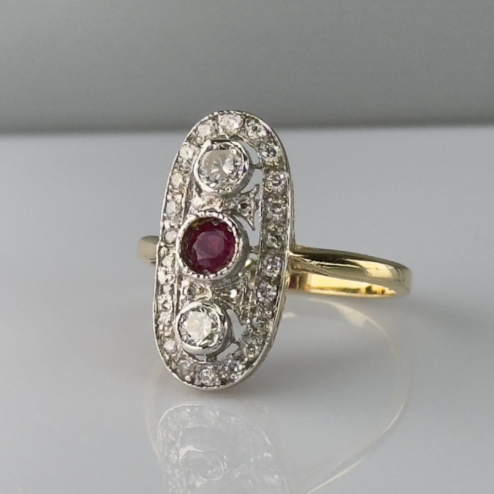18ct Gold Art Deco Ruby & Diamond Cluster Ring
