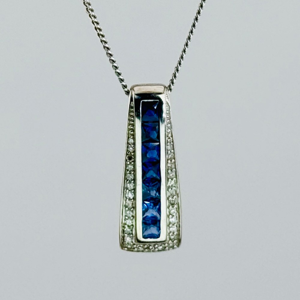 9ct White Gold Sapphire & Diamond Pendant Necklace