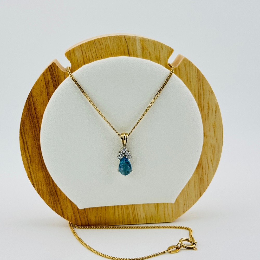 9ct Gold Pear Cut Blue Topaz & Diamond Pendant Necklace