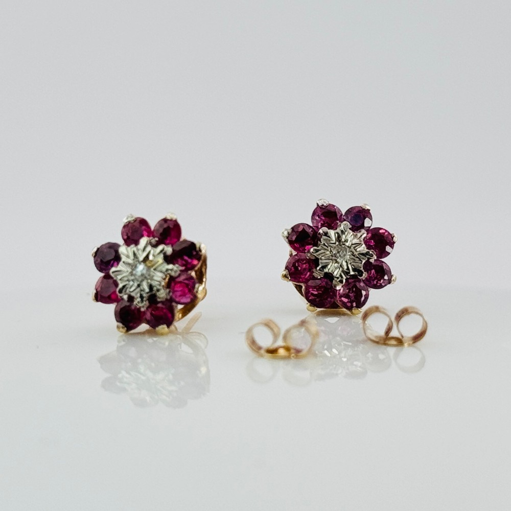 9ct Gold Diamond & Ruby Cluster Stud Earrings