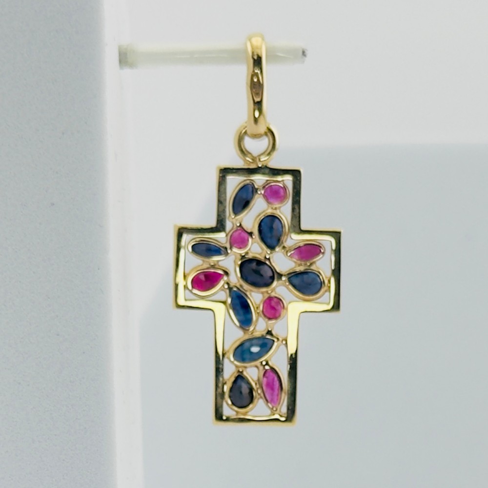 9ct Gold Sapphire & Ruby Cross Pendant