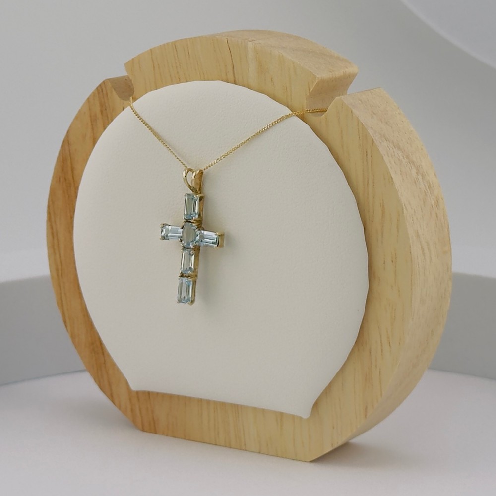 9ct Gold Aquamarine Cross Pendant Necklace