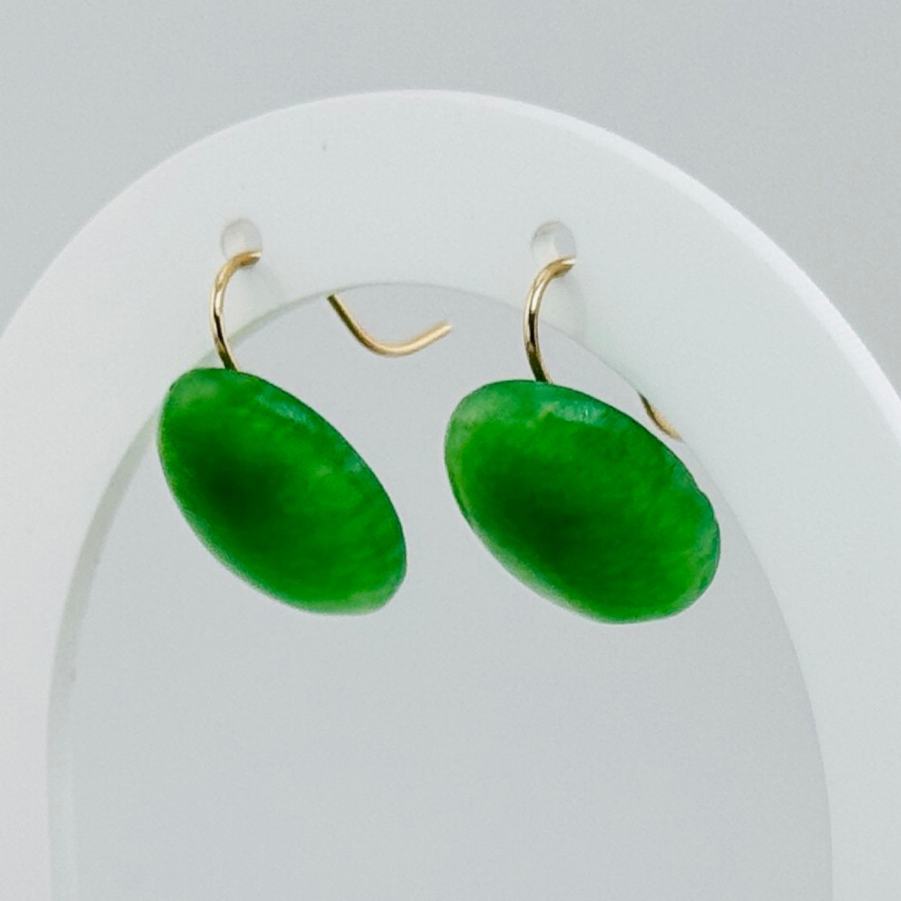 Art Deco 9ct Gold Oval Cabochon Jade Hook Drop Earrings