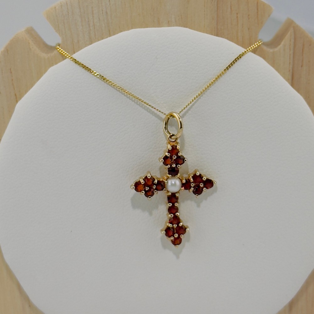 9ct Gold Garnet & Pearl Cross Pendant Necklace