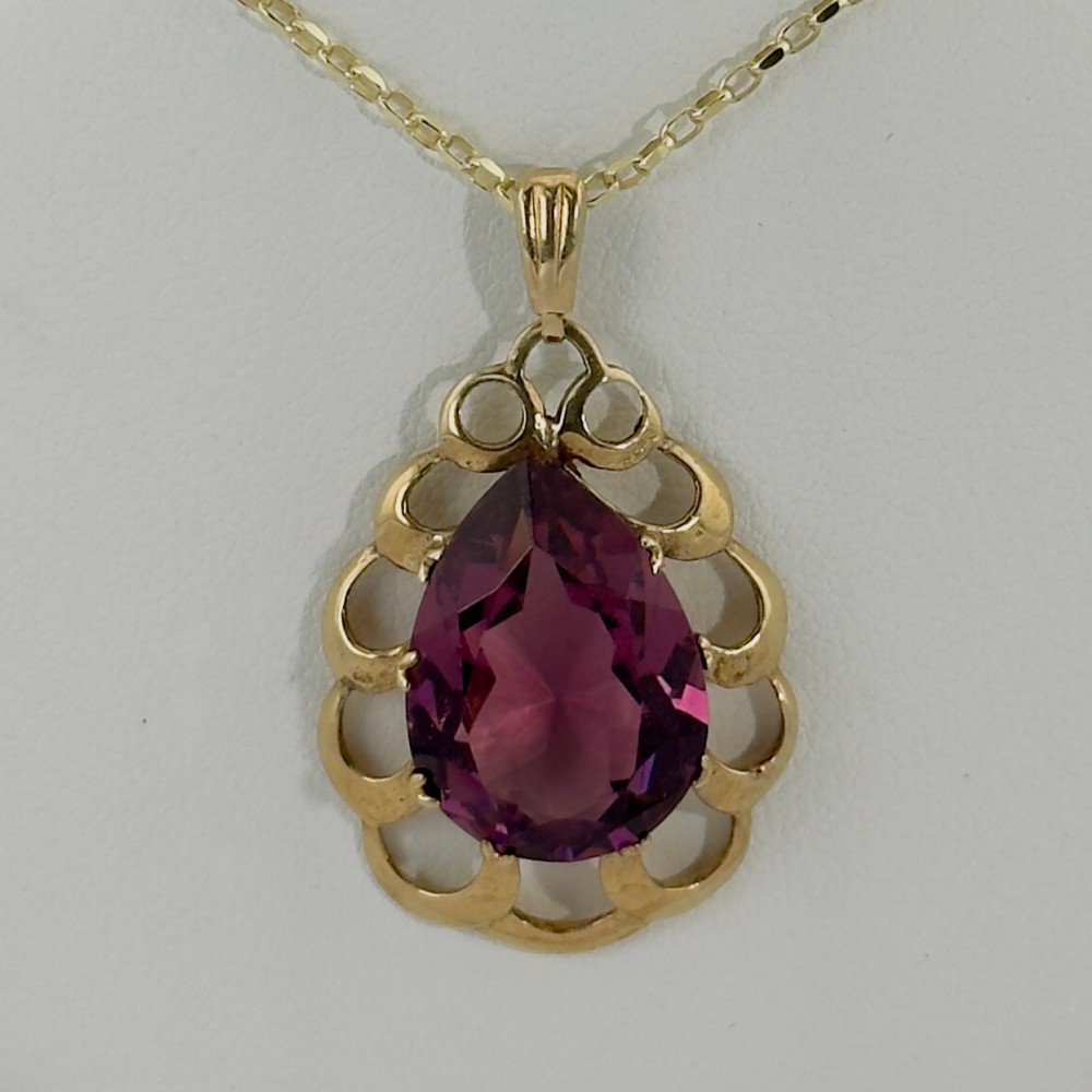 9ct Gold Art Deco Pink Tourmaline Pendant Necklace 