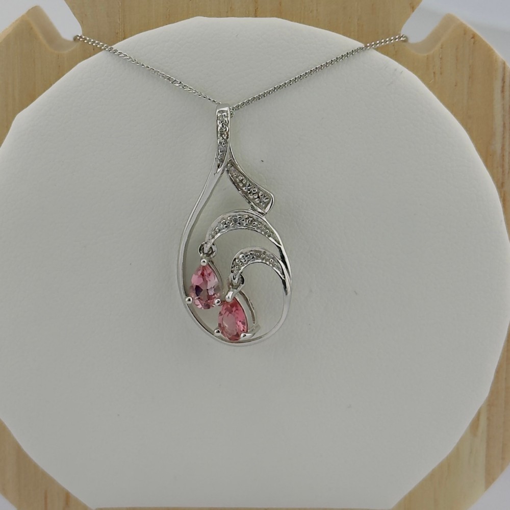 9ct White Gold Diamond & Pink Topaz Pendant Necklace