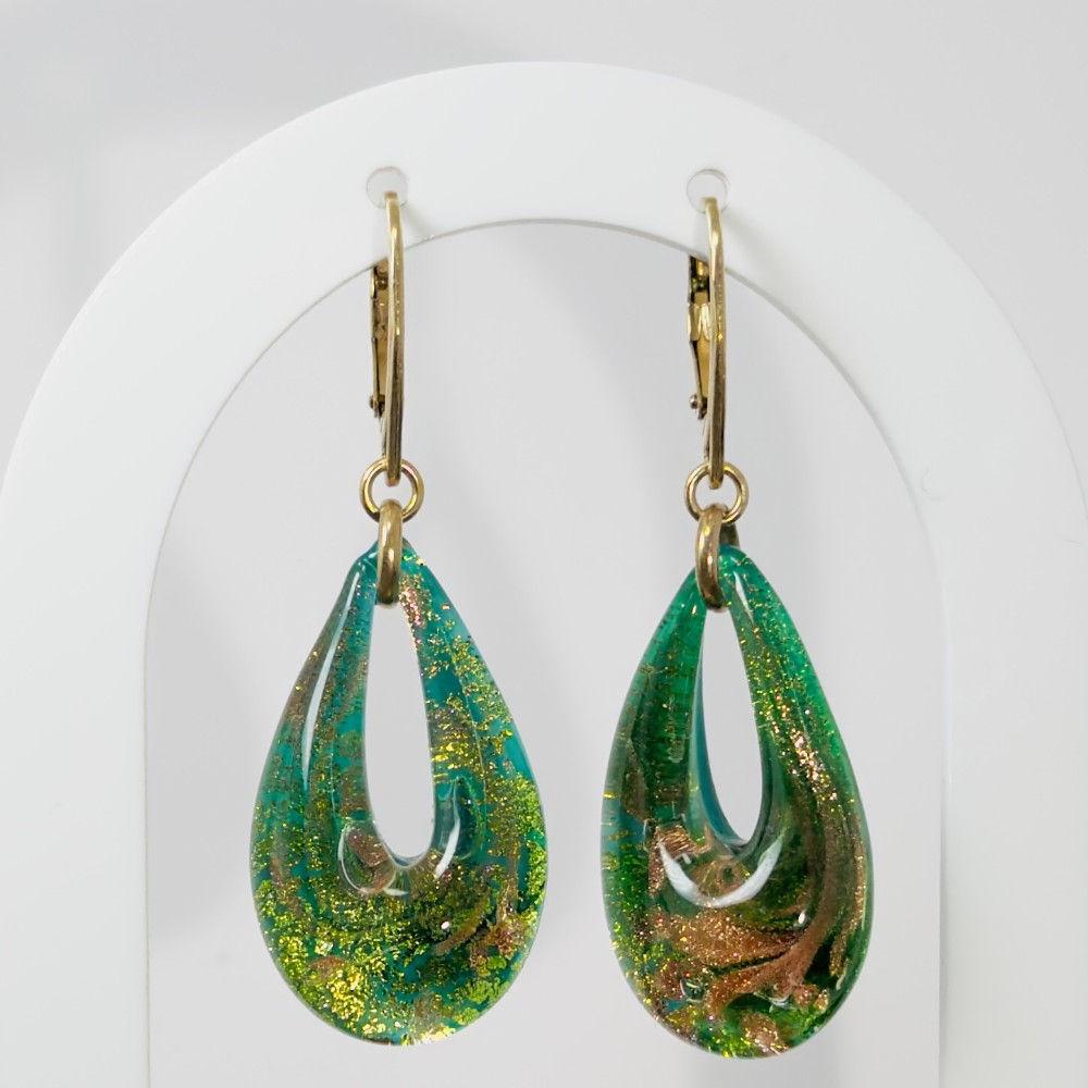 18ct Gold on Silver Morano Glass Drop Dangling Earrings