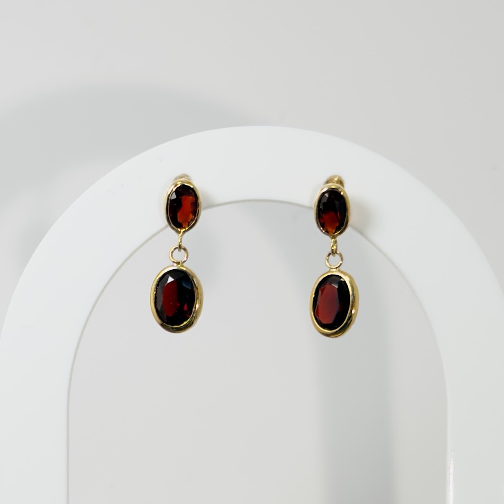 9ct Gold Double Oval Cut Garnet Drop Stud Earrings