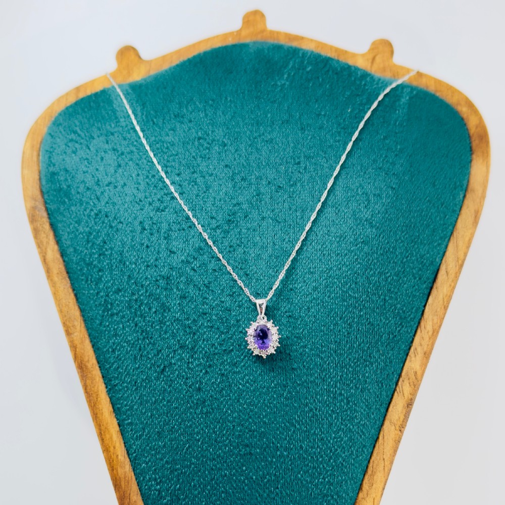 9ct White Gold Amethyst and Diamond Cluster Pendant Necklace View IV