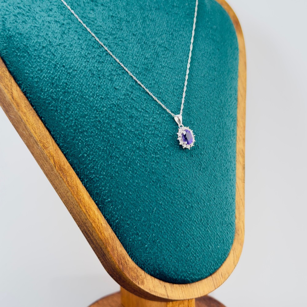 9ct White Gold Amethyst and Diamond Cluster Pendant Necklace View III
