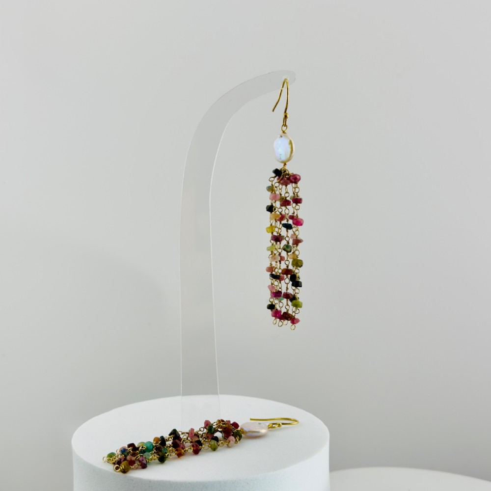 9ct Gold Baroques Pearl and Multi-Coloured Tourmaline Dangly Drop Earrings View VIII