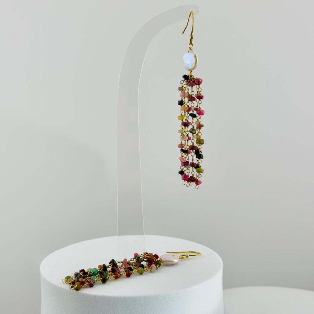 9ct Gold Baroques Pearl and Multi-Coloured Tourmaline Dangly Drop Earrings View II