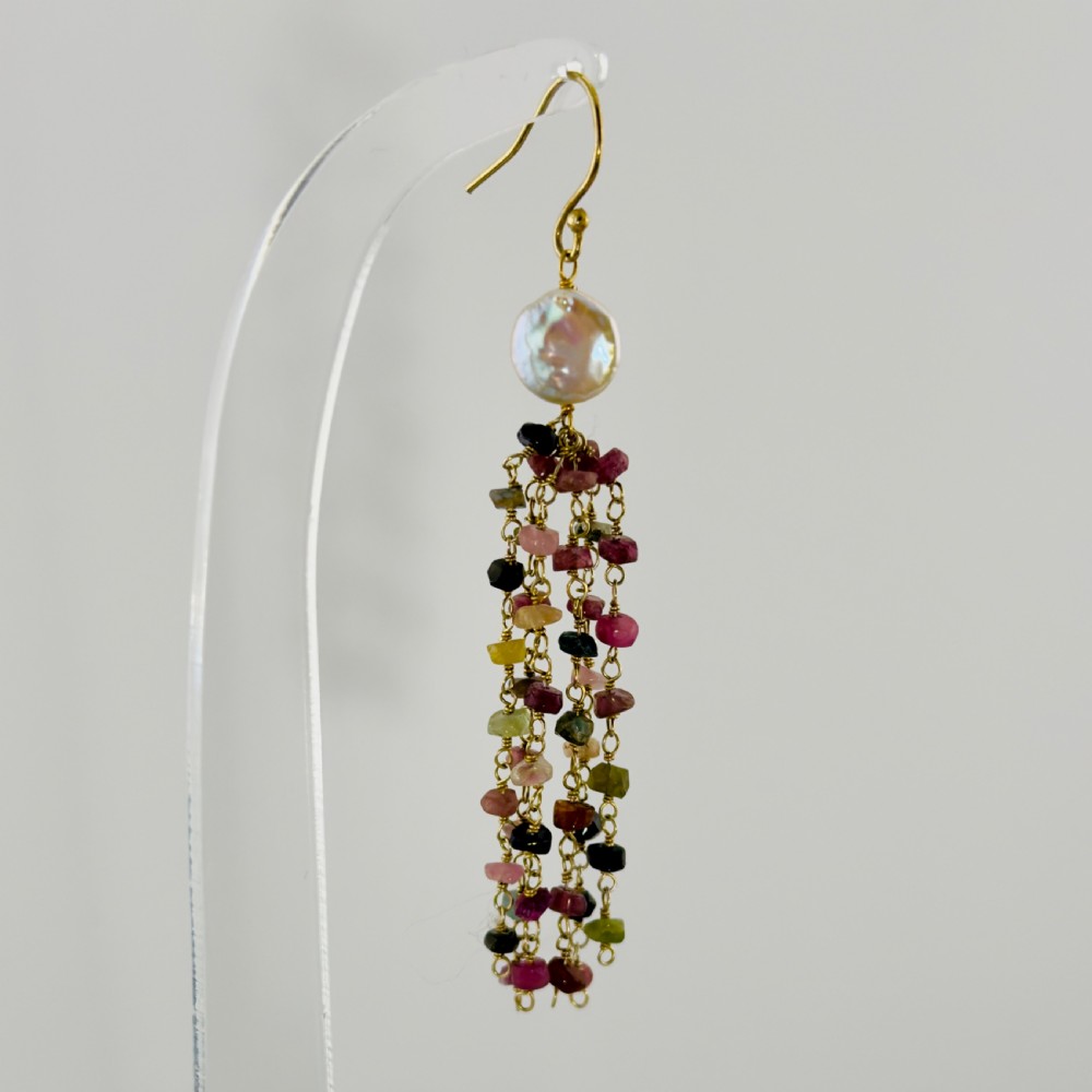 9ct Gold Baroques Pearl and Multi-Coloured Tourmaline Dangly Drop Earrings View III