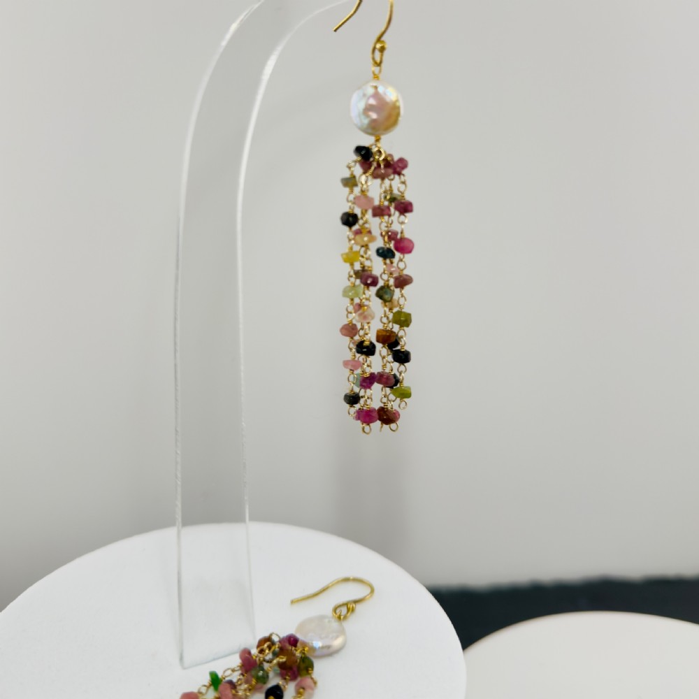 9ct Gold Baroques Pearl and Multi-Coloured Tourmaline Dangly Drop Earrings View IV