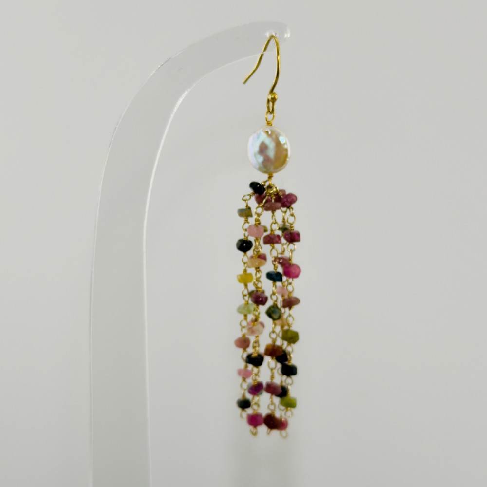 9ct Gold Baroques Pearl and Multi-Coloured Tourmaline Dangly Drop Earrings View V