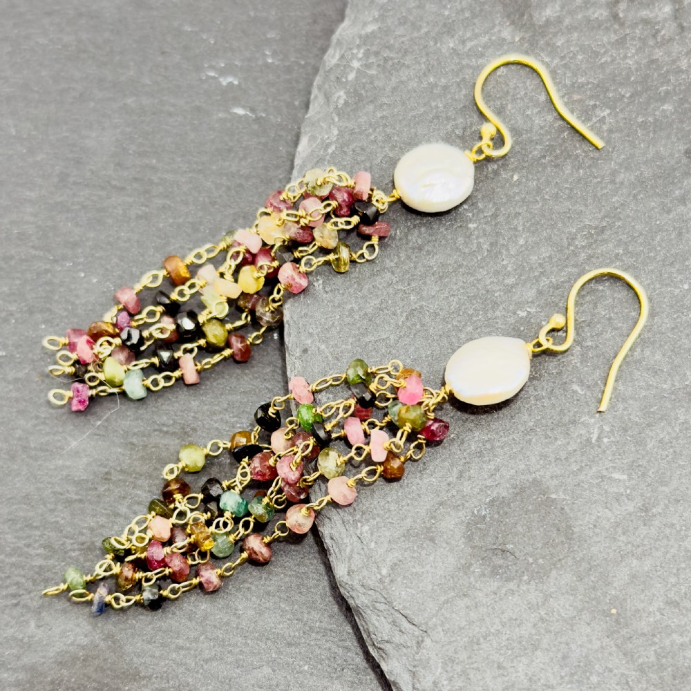 9ct Gold Baroques Pearl and Multi-Coloured Tourmaline Dangly Drop Earrings View VI