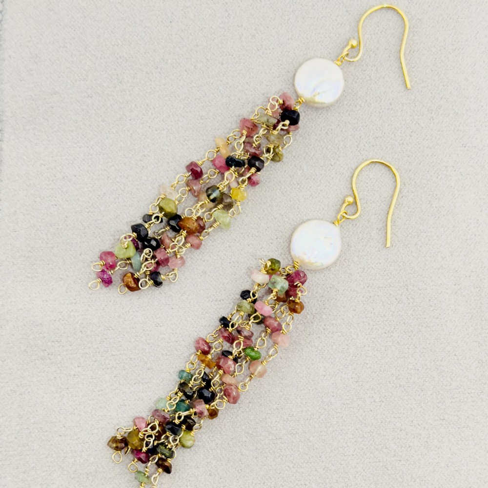 9ct Gold Baroques Pearl and Multi-Coloured Tourmaline Dangly Drop Earrings