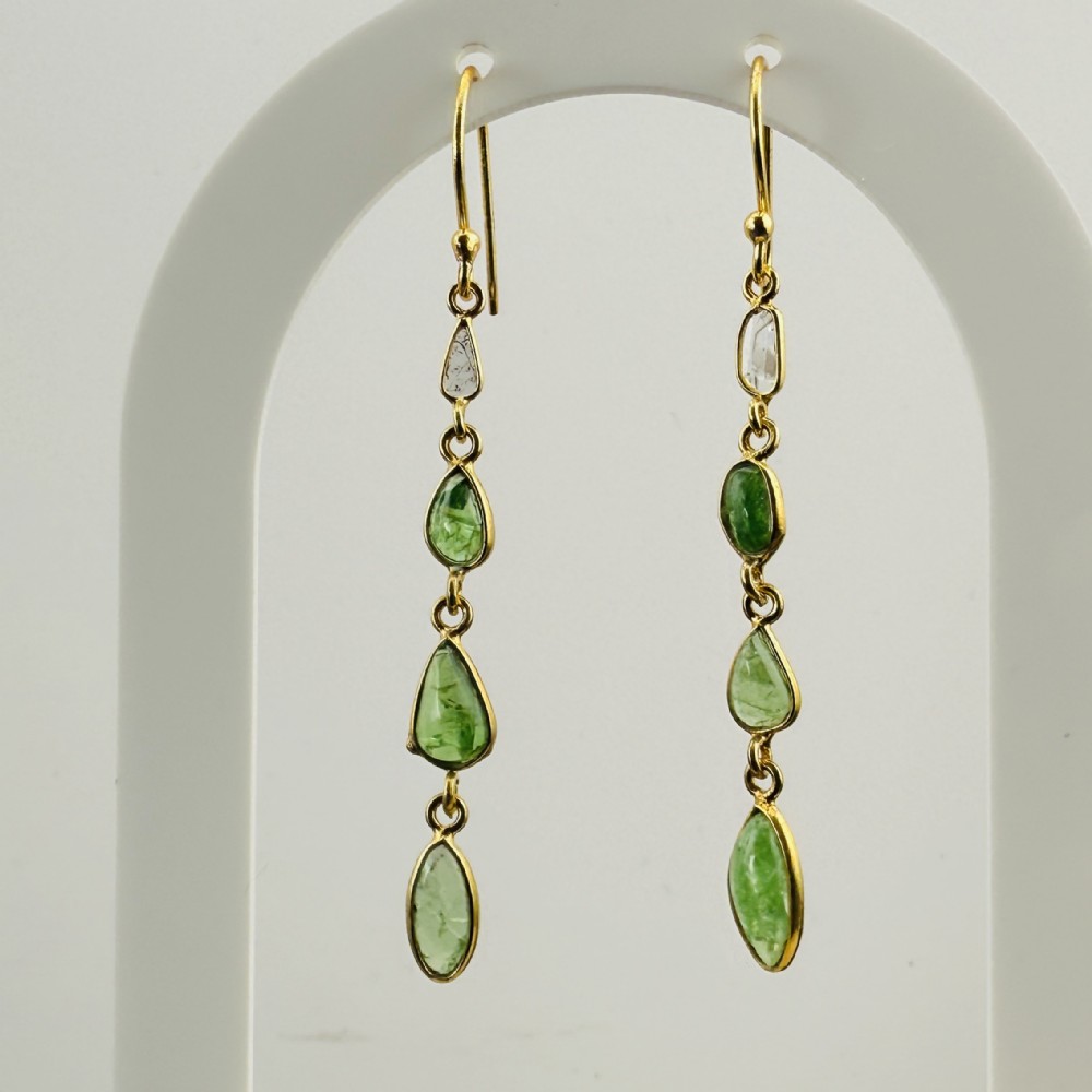 9ct Gold Emerald and Rose Cut Diamond Large Drop Dangling Earrings