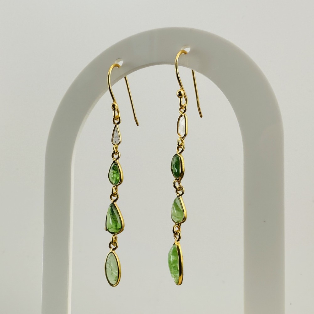 9ct Gold Emerald and Rose Cut Diamond Large Drop Dangling Earrings View II