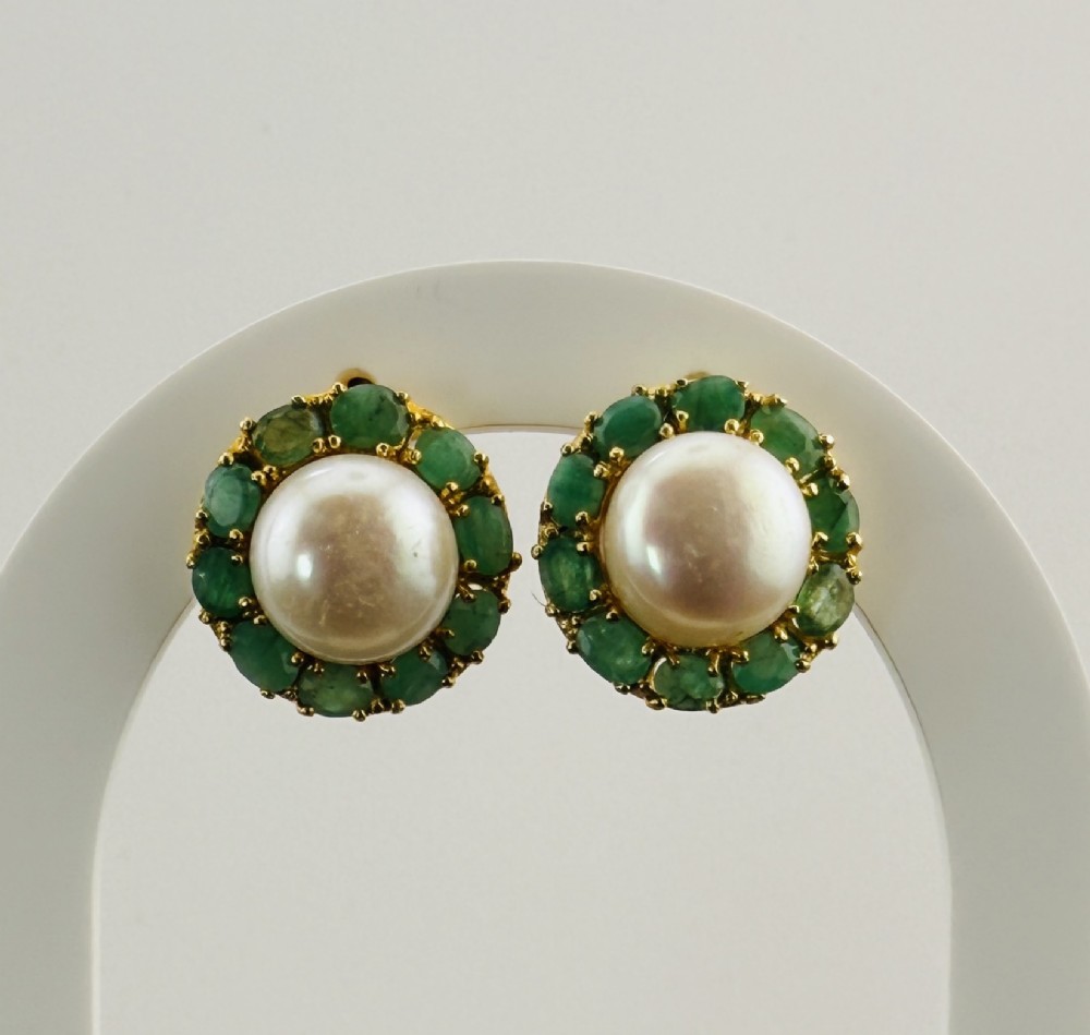18ct Gold on Silver Large Cultural Pearl and Emerald Cluster Stud Earrings