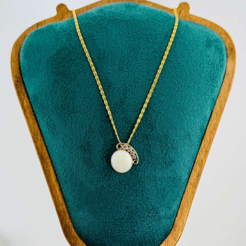 14ct Gold Mid-Century Large Cabochon Opal and Diamond Pendant Necklace View IV