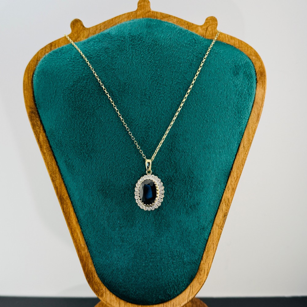 9ct Gold Large Sapphire & Diamond Cluster Pendant Necklace