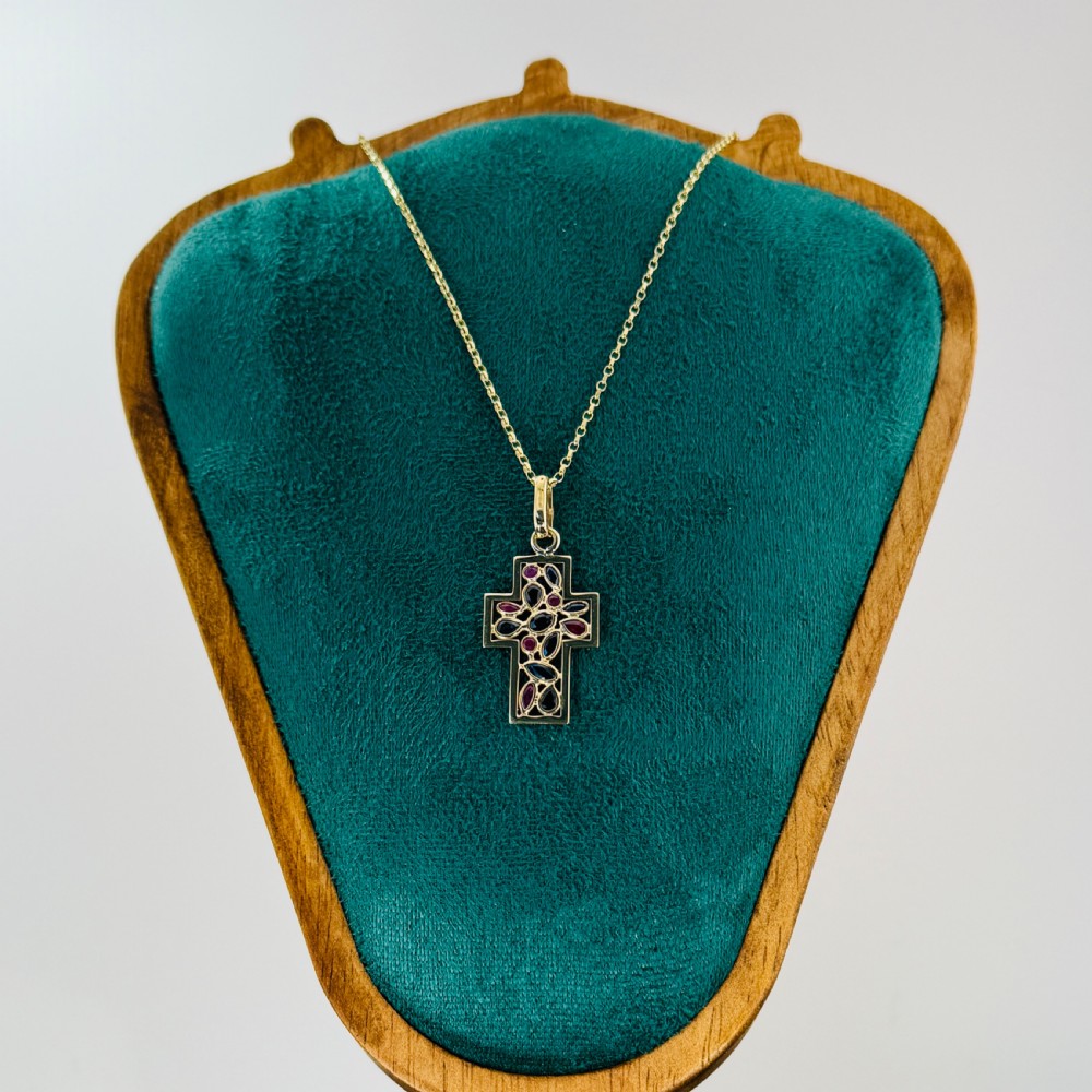 9ct Gold Sapphire & Ruby Cross Cluster Pendant Necklace View VIII