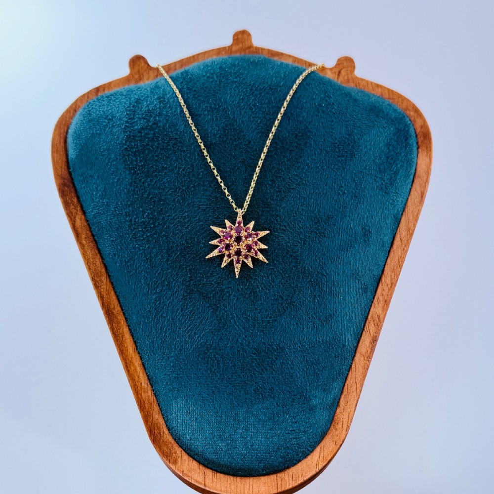 9ct Gold Almandine Garnet Starburst Cluster Pendant Necklace Valentine's Special with Free Presentation Box View V