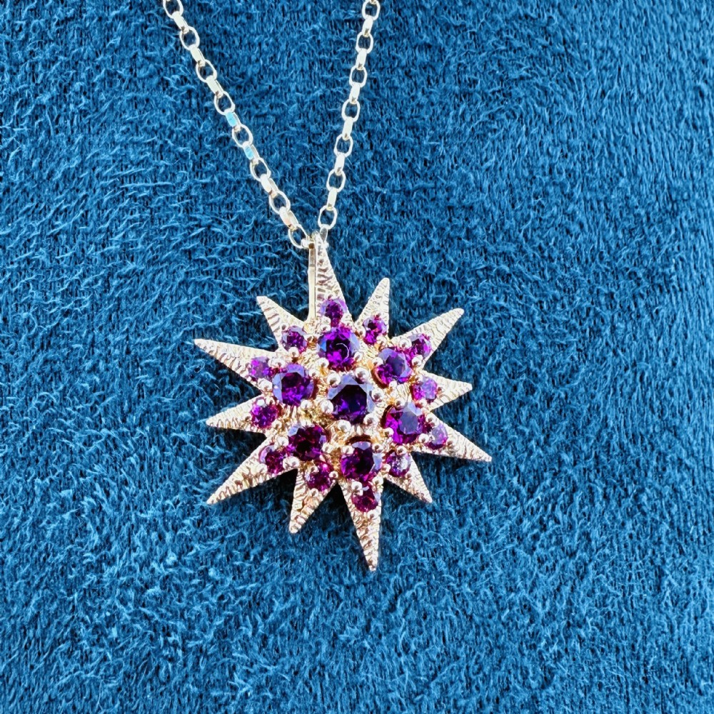 9ct Gold Almandine Garnet Starburst Cluster Pendant Necklace Valentine's Special with Free Presentation Box