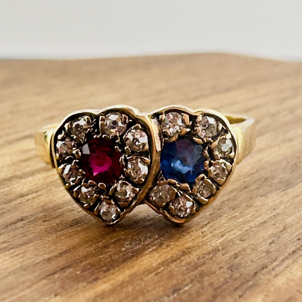 Victorian 18ct Gold Ruby, Ceylon Sapphire & Diamonds Lovers Ring