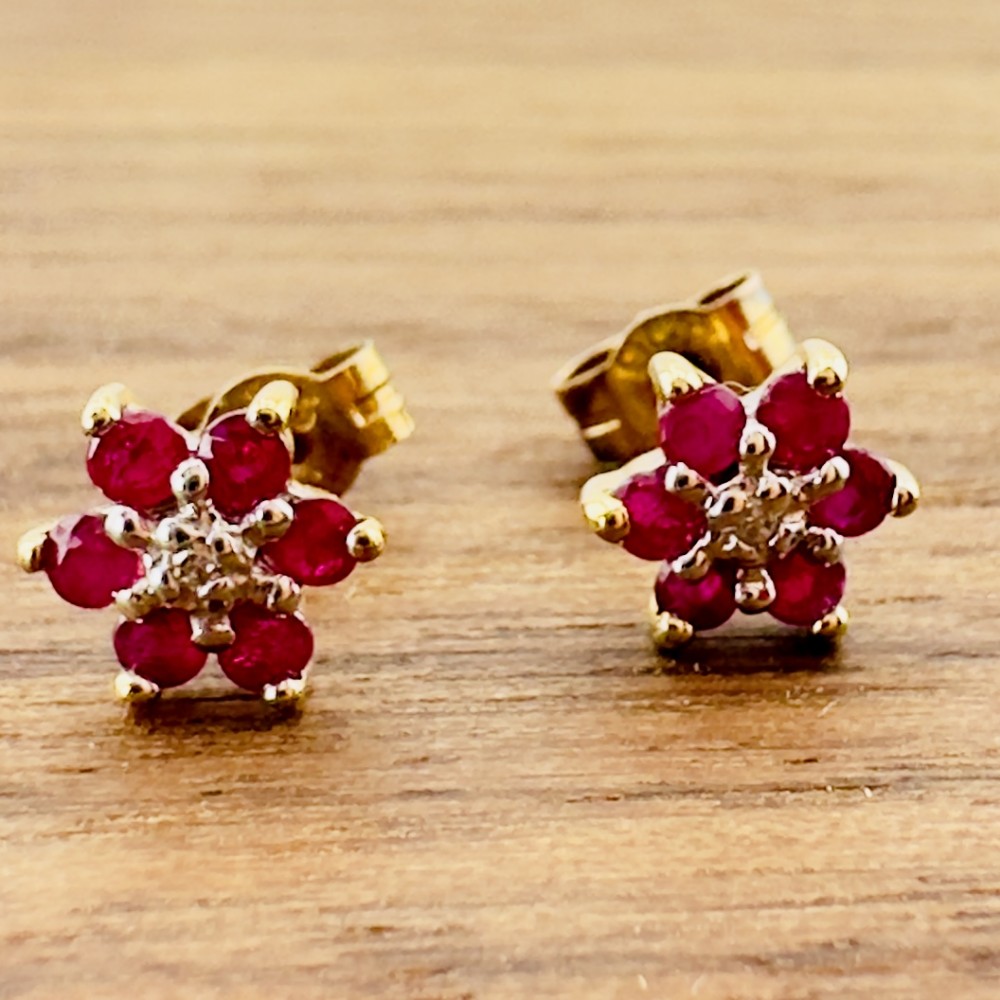 9ct Gold Diamond and Ruby Cluster Stud Earrings